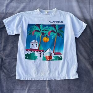 Vintage 90's Acapulco Mexico White Tourist Art Nature Tropical Tee Shirt Sz M